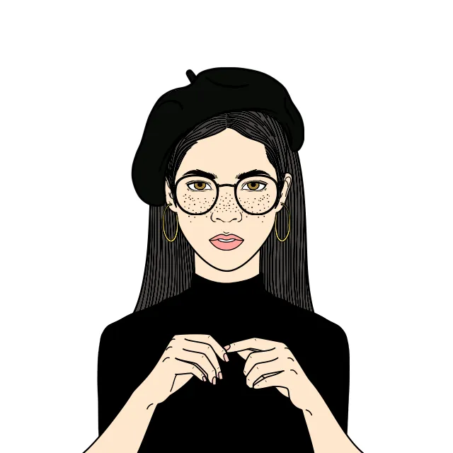 Une femme avec des lunettes et un béret, tenant ses mains ensemble.